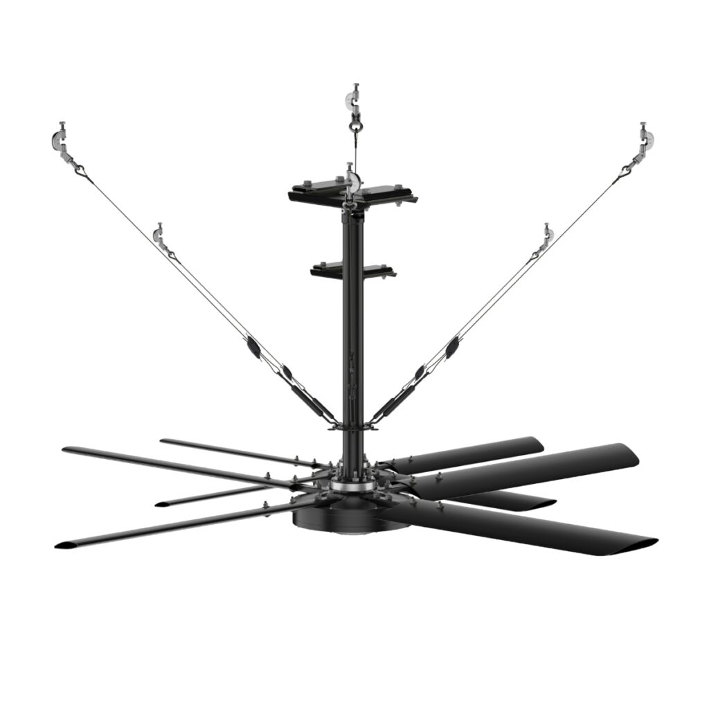 Déstratificateur Hunter ECO à six pales noires équipé de ses câbles de sécurité, vue produit