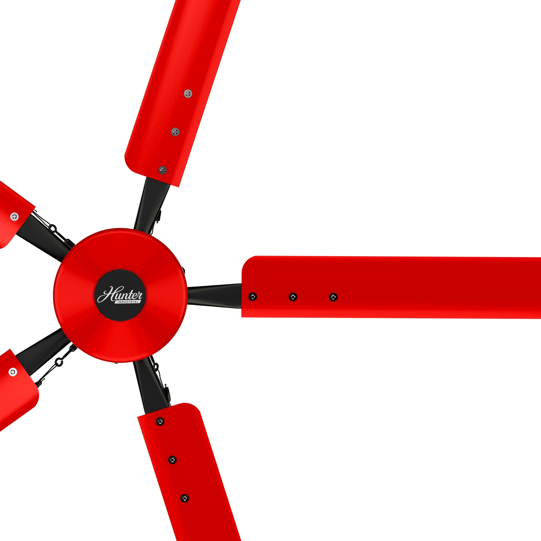 Moyeu rouge portant le logo Hunter au centre des pales d'un déstratificateur Titan