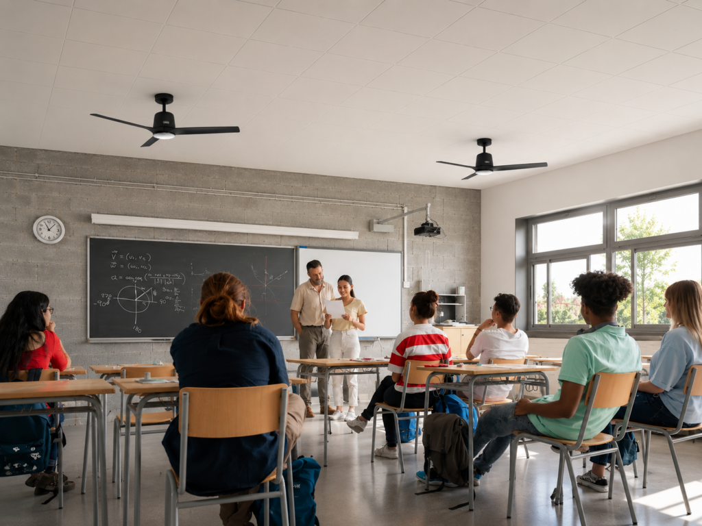 Ventilateurs de plafond Hunter dans une salle de classe de collège occupée par les élèves