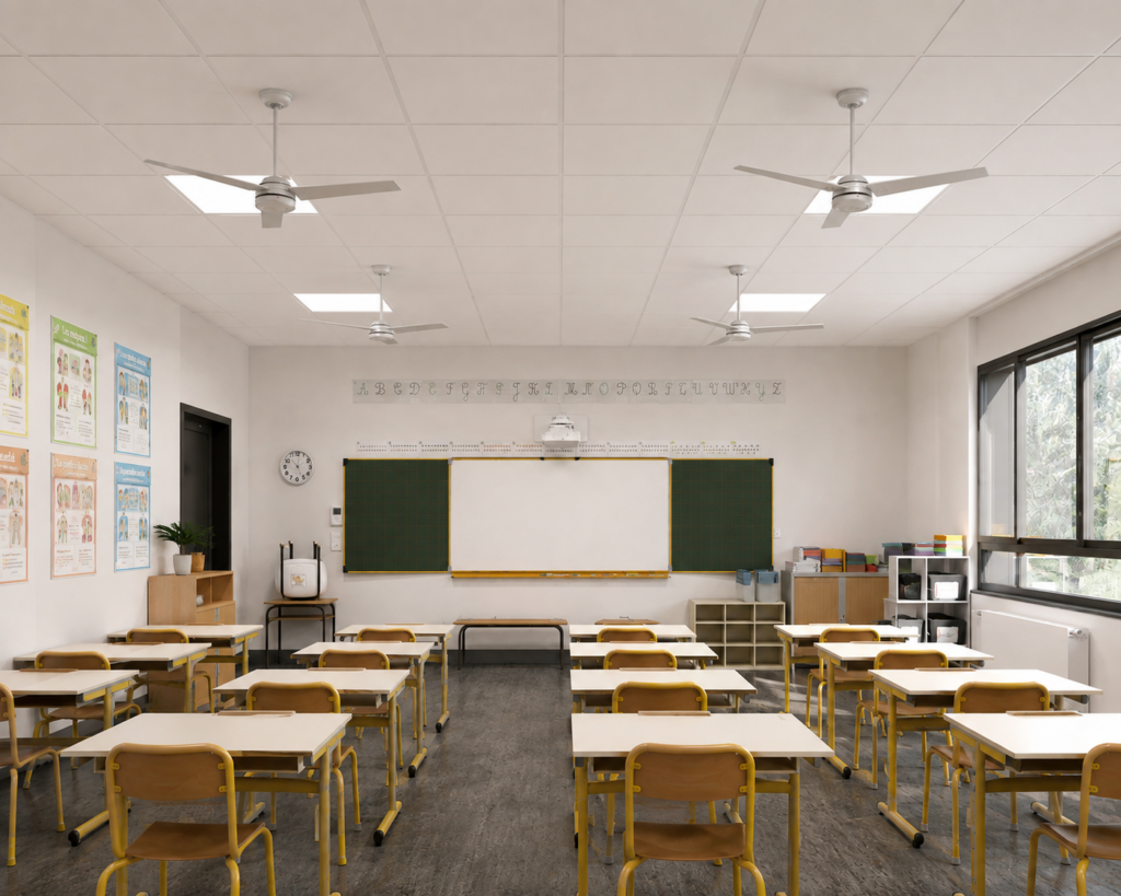 Quatre ventilateurs de plafond Hunter argent dans une salle de classe d'école primaire aux tables jaunes